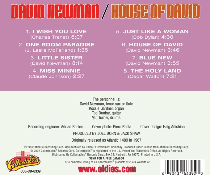 David 'Fathead' Newman House of David CD (2002) Collectables Records David 'Fathead' Newman House of David CD (2002) Collectables Records